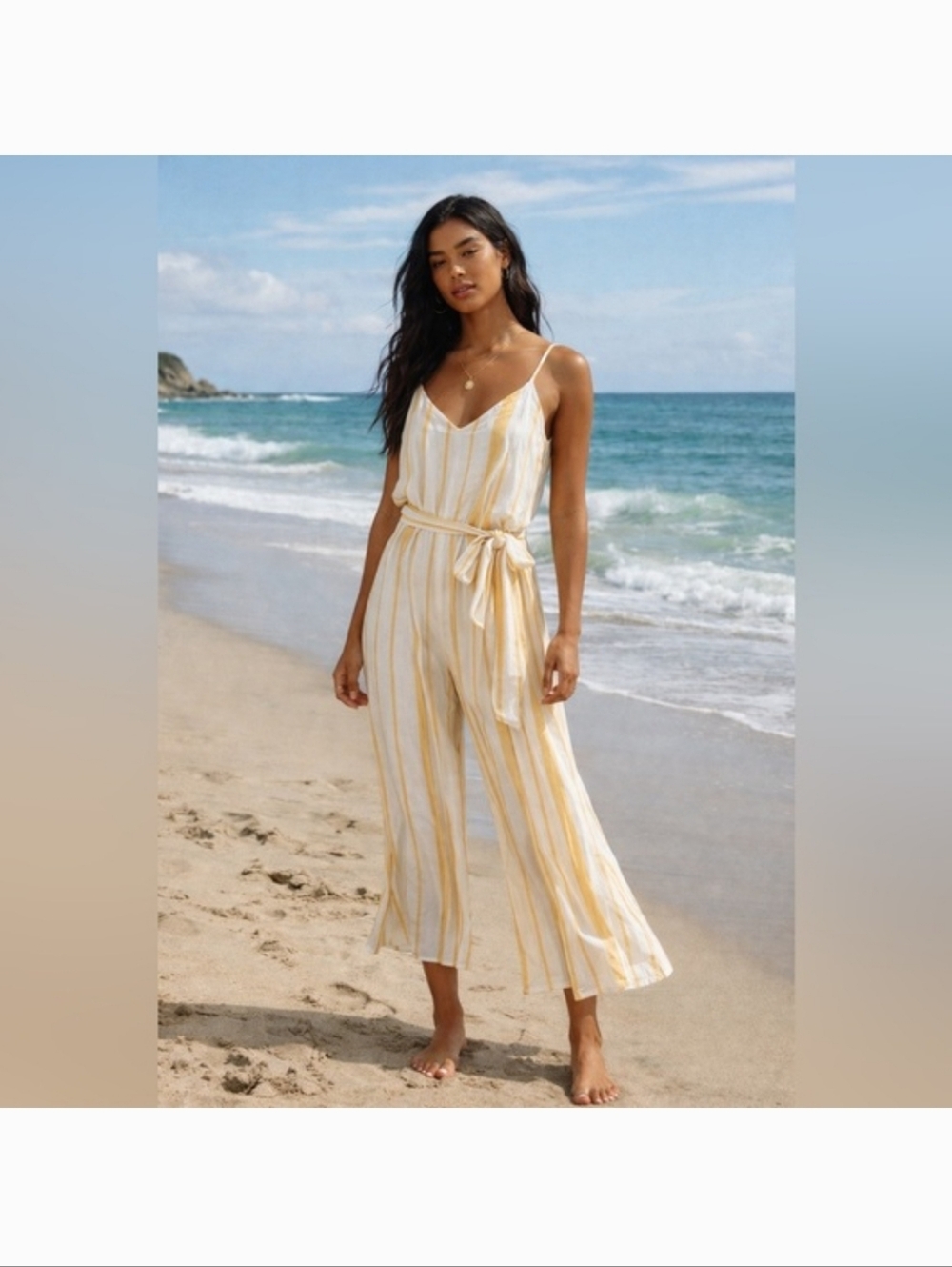 LN Billabong Striped V-Neck Tie-Waist Jumpsuit in Yellow White S